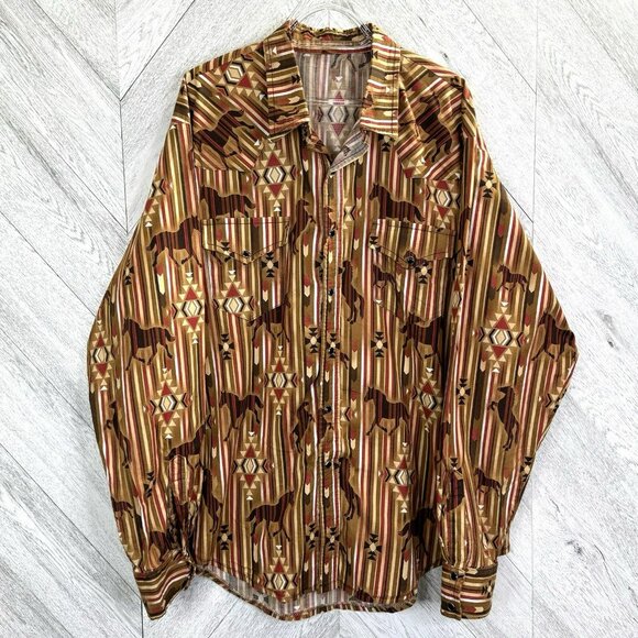 Vintage Western Shirt Pearl Snap Horse Print Aztec Southwestern Mens Size 2XL - Picture 1 of 4